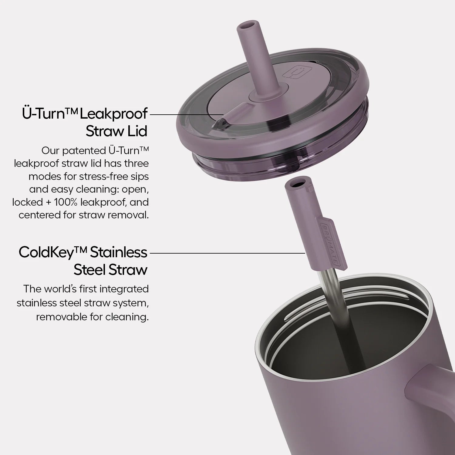 Purple tumbler with U-Turn leakproof straw lid and ColdKey stainless steel straw on a white background.